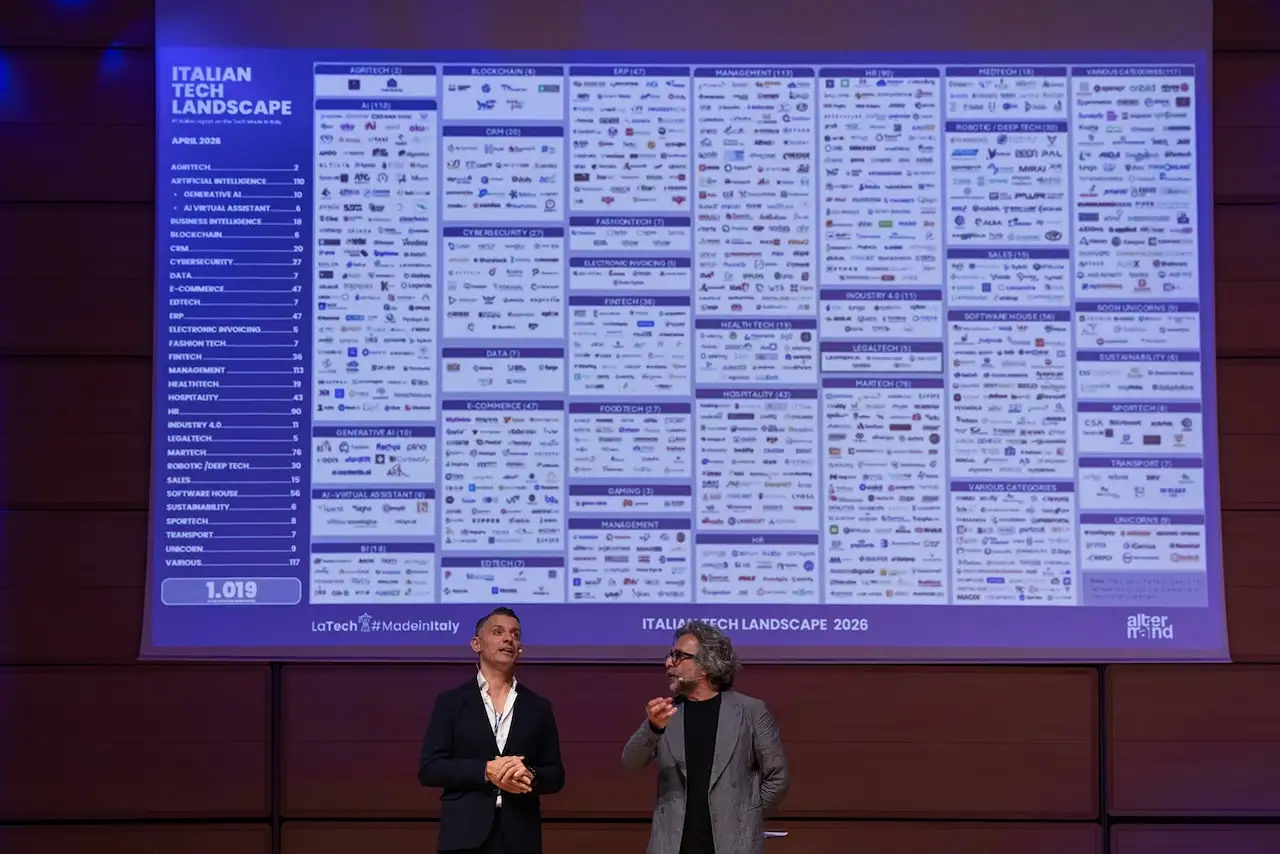 Two speakers in front of the landscape map